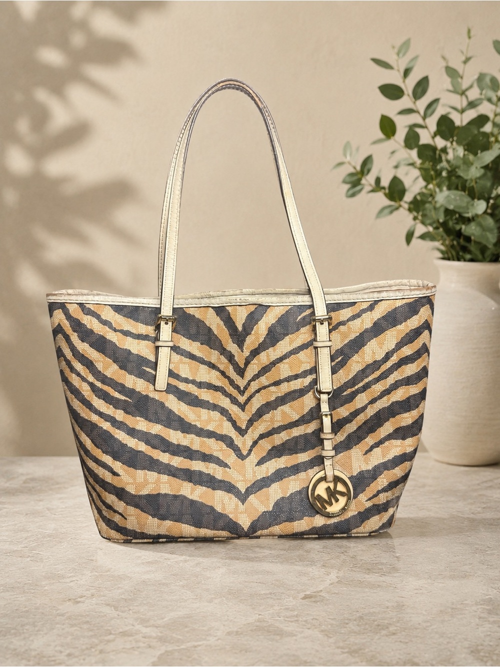 Michael Kors Jet Set Travel Large Tote in the Brown/Beige Tiger Print with COA